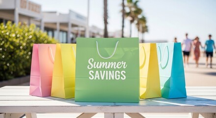 Eye-catching summer savings concept. Colorful shopping bags on a table with coastal backdrop. Ideal for retail promotions, seasonal sales, summer advertising. Lifestyle, travel.