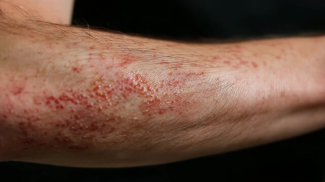 An arm with red itchy, rash or insect bites, irritated skin. Skin allergy concept	