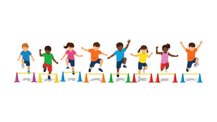 Children jumping over hurdles: A vibrant depiction of children enthusiastically leaping over colorful hurdles, showcasing their energy, coordination, and the spirit of competition.