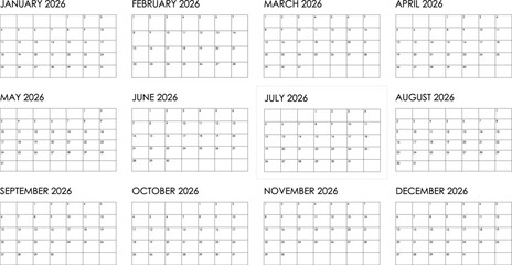 2026 year, 12 month yearly calendar. Simple black and white design	
