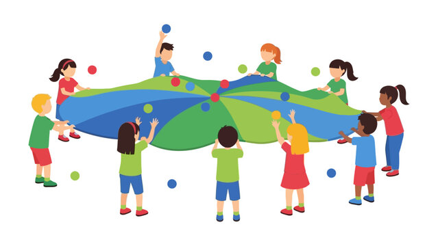 Childhood Joy: A circle of children engages in an energetic game with a vibrant parachute, celebrating teamwork and shared fun.