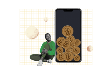 Composite photo collage of happy american girl watch iphone device blockchain bitcoin earn money income isolated on painted background
