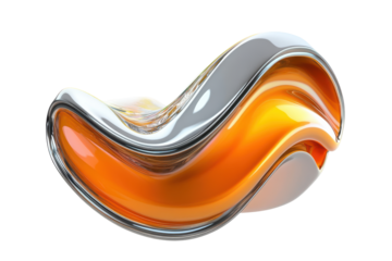 Abstract organic fluid shape with orange and silver colors isolated on transparent background. Abstract orange with silver wave fluid holographic Iridescent icon isolated on white background.