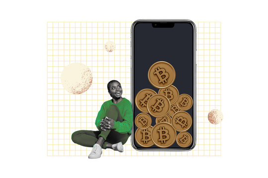 Composite photo collage of happy american girl watch iphone device blockchain bitcoin earn money income isolated on painted background - Powered by Adobe