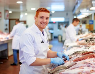 Smiling fishmonger working at seafood market counter