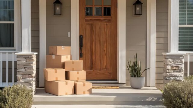 Many delivered stack of cardboard boxes in front of a door at home. Delivery, Representing online retail convenience, Fast shipping concept	