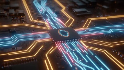 Futuristic circuit board with glowing neon blue and pink data streams, Glowing digital circuits and complex hardware system, Futuristic computer technology and information processing design. - Powered by Adobe
