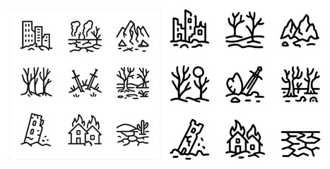 Fototapeta premium Natural disaster outline icons set – linear, silhouette, emergency and crisis symbols