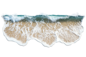 Crashing ocean wave with sandy seabed isolated on transparent background. Aerial view of ocean waves crashing on the sandy beach isolated on white background.
