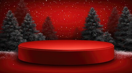 Festive red stage with christmas trees and falling snow for product display