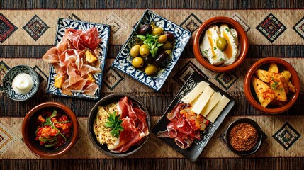 Spanish tapas arranged on Japanese tatami mat background, flat lay