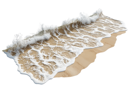 Crashing ocean wave with sandy seabed isolated on transparent background. Ocean waves crashing on the sandy beach isolated on white background.
