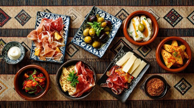 Spanish tapas arranged on Japanese tatami mat background, flat lay - Powered by Adobe