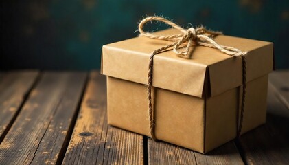 Mysterious Cardboard Box Tied with Twine on Rustic Wood Unveiling a Secret Gift or Surprise