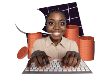 Composite photo collage of happy smile american type keyboard earn money coin speak bubble success deal isolated on painted background