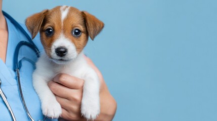 Veterinary doctor holding a small puppy on blue background