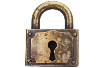 Antique brass padlock with ornate keyhole isolated on transparent background. Antique brass padlock with key hole isolated on white background.