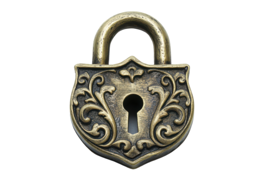 Antique brass padlock with ornate keyhole isolated on transparent background. Antique brass padlock with key hole isolated on white background.