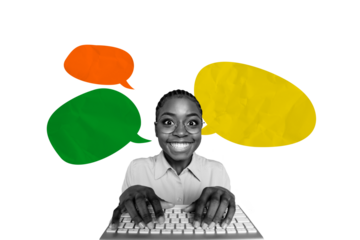 Creative picture collage smiling crazy girl worker employee office job typing pc keyboard textboxes communication gossips