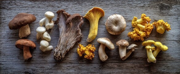 The Assorted Wild Mushrooms Laid Out on a Rustic Wooden Board