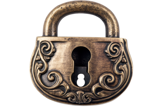 Antique ornate brass padlock isolated on transparent background. Antique brass padlock with key hole isolated on white background.