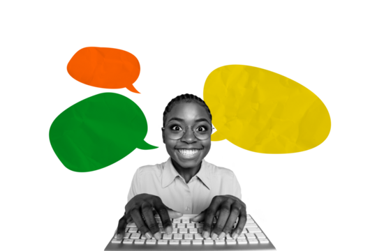 Creative picture collage smiling crazy girl worker employee office job typing pc keyboard textboxes communication gossips