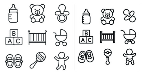 Baby essentials line icons set – outline, nursery, infant care symbols
