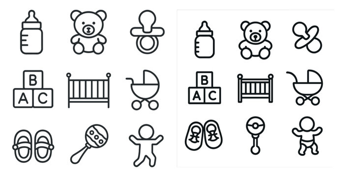 Baby essentials line icons set – outline, nursery, infant care symbols