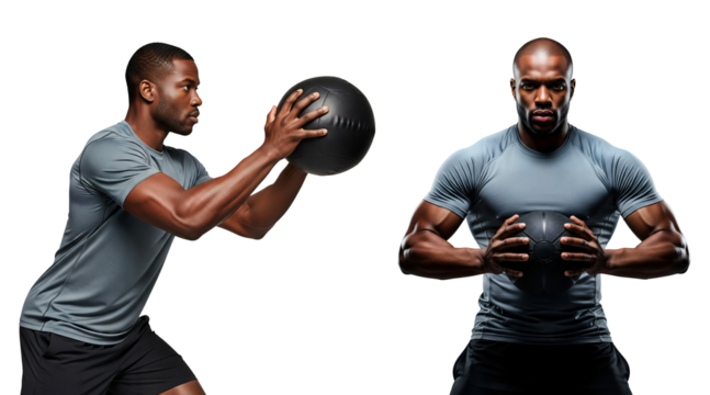 Medicine ball workout man in gray tee, medicine ball fitness poses, medicine ball core training, medicine ball athlete, Isolated on transparent background, png
