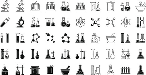 Black and white science icon set featuring 56 lab tools, chemical symbols, atomic models, and research equipment illustrations