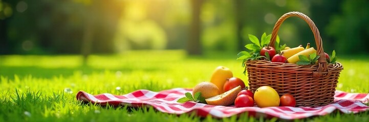 Sunny Summer Picnic Checkered Blanket, Wicker Basket Overflowing with Treats on Lush Green Grass