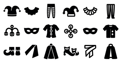 Jester costume silhouette icons set – flat, filled, clown and masquerade symbols