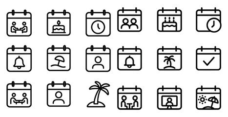 Calendar and event outline icons set &ndash; schedule, reminder, planning symbols