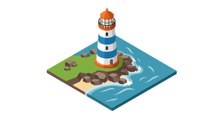 Obraz premium Isometric lighthouse on coastal landscape with ocean waves and rocks