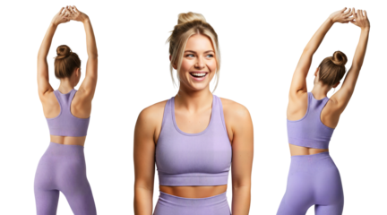 Lavender seamless gym set woman, seamless activewear fitness model, seamless workout leggings and bra, seamless sportswear, Isolated on transparent background, png
