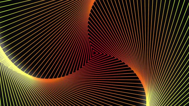 Radio waves diffusion, digital blue and orange and yellow triangle spiral looping animation, Geometric colorful background