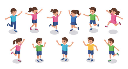Happy kids playing and jumping in casual outfits on white background