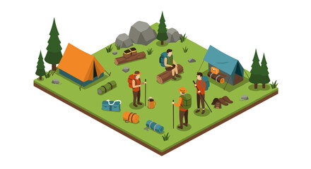 Isometric camping scene with tents and campers in a forest setting