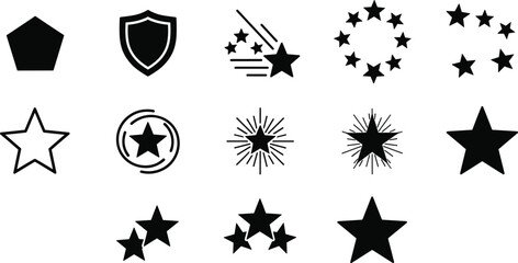 Black and white star icons set featuring geometric, burst, and graphic elementsBlack and white star icons set featuring geometric, burst, badges, and graphic elements