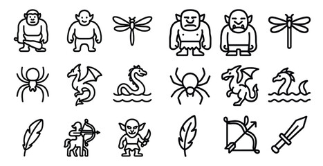 Fantasy creatures line icons set &ndash; outline, myth, legendary beasts symbols