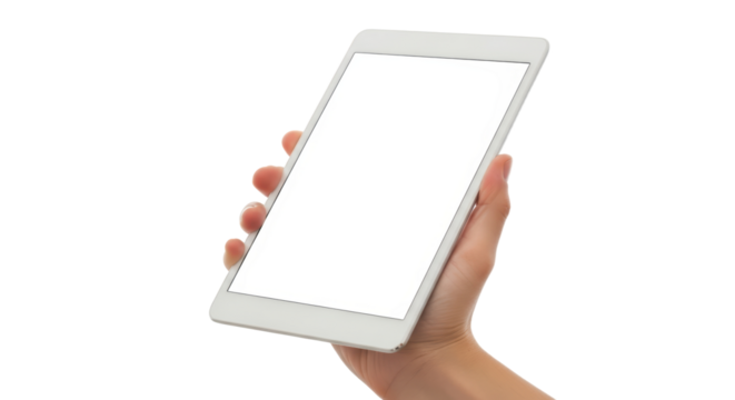 Hand holding blank tablet isolated on white background for digital mockup and technology designs