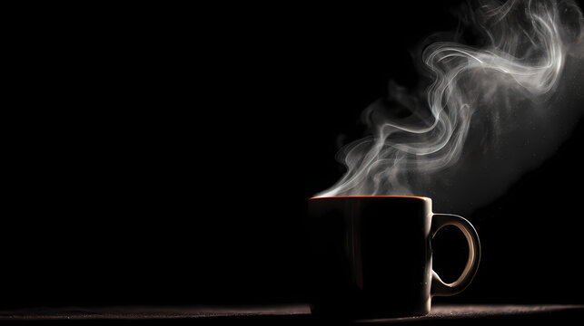 A cup of steaming liquid, evoking warmth and tranquility against a dark background. The steam gracefully curls upwards, creating a captivating visual