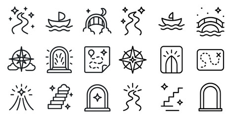 Fototapeta premium Travel and exploration line icons set – flat, outline, adventure and journey symbols