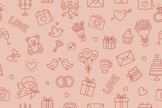 A seamless pattern of doodle wedding icons. A festive pink background. - Powered by Adobe