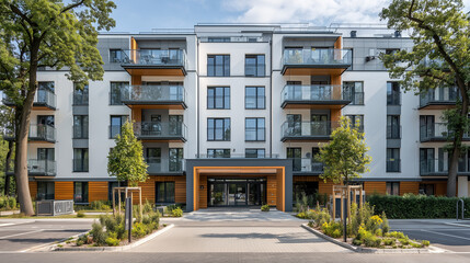 Fototapeta premium Luxury Apartment Building with Elegant Architecture and Greenery