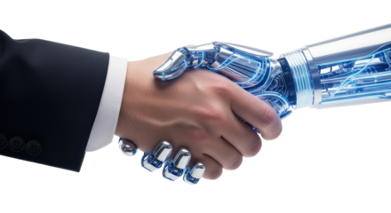 Human and robot handshake symbolizing future collaboration and technological synergy