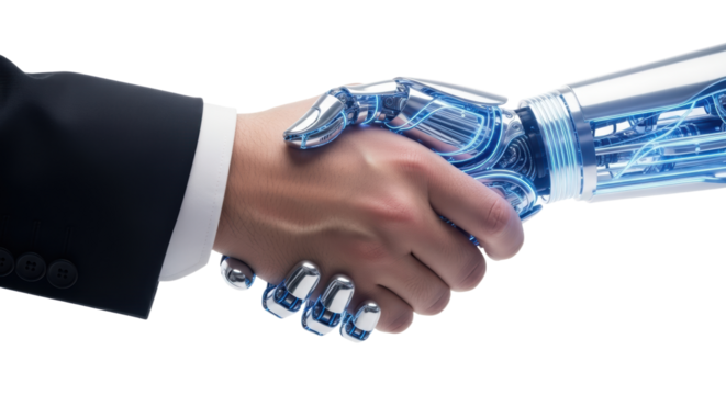 Human and robot handshake symbolizing future collaboration and technological synergy