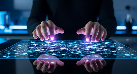 Hands Interacting with Futuristic Digital Interface Displaying Network Connections and Data Flow