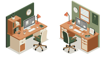 Cozy home office setup with dual desks in isometric style for productive workspace