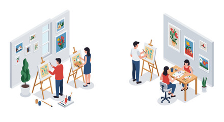 Creative art studio: people painting and drawing in gallery setting